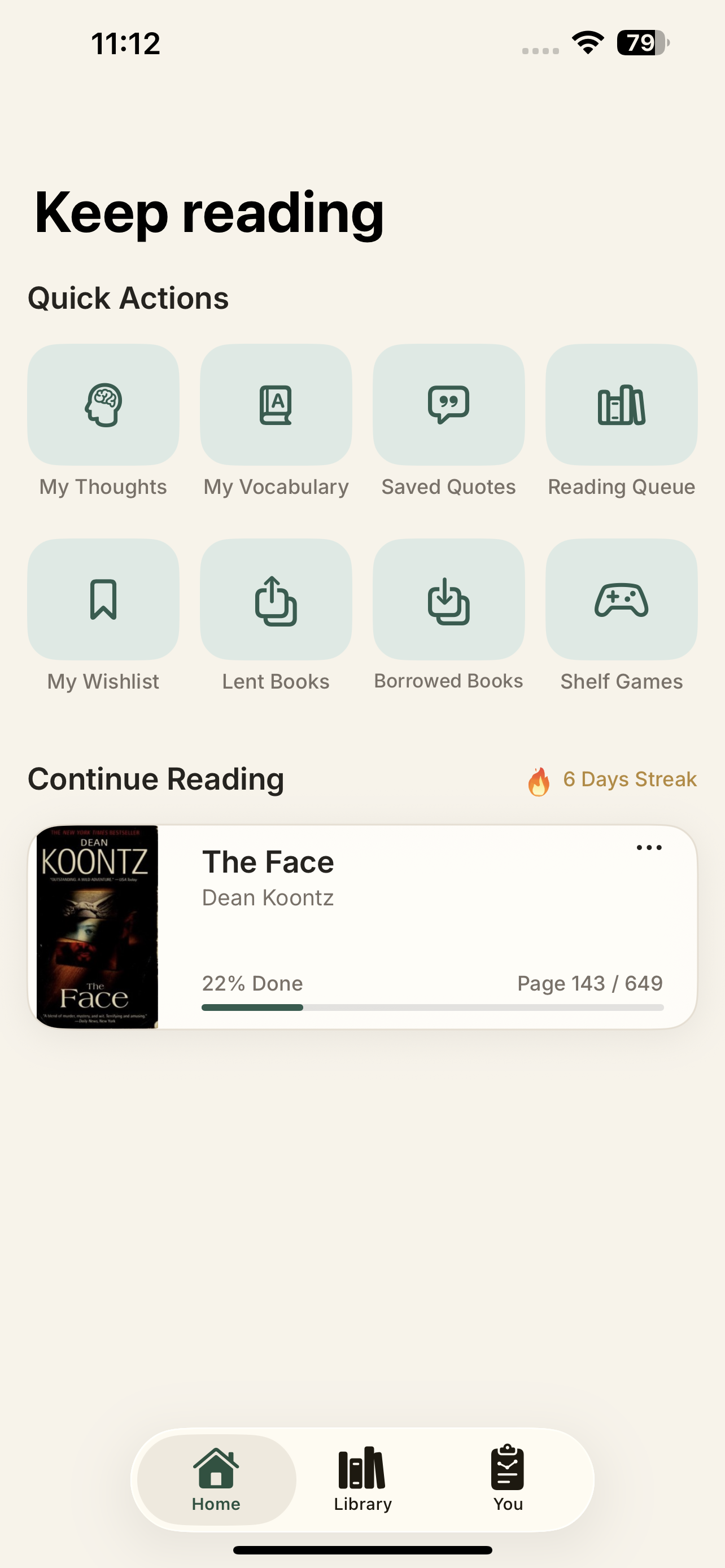 Orbil home reading progress screen
